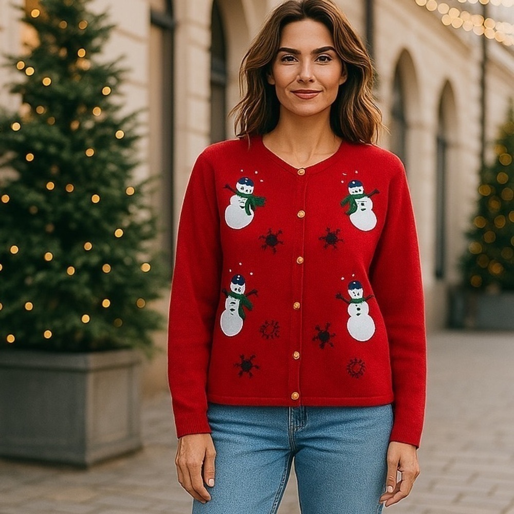 Vintage Holiday Cardigan Ugly Christmas Sweater Button Up Womens Petite Large